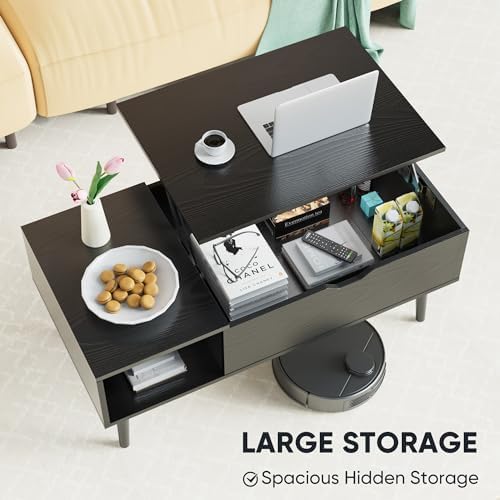 Sweetcrispy Lift Top Coffee Tables for Living Room, Small Rising Wooden Dining Center Tables with Storage Shelf and Hidden Compartment, Classic Black