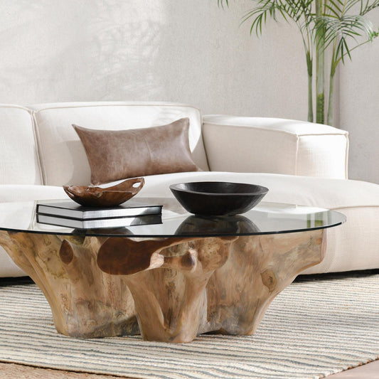 Willow Teak Root/Glass Round Coffee Table - Natural