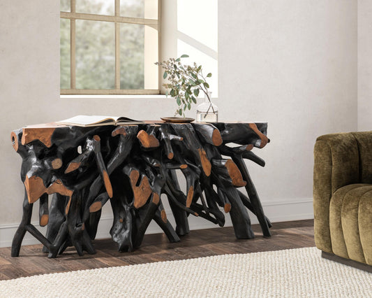 Cypress Teak Root Console Table 70- 71" - Black-Brown
