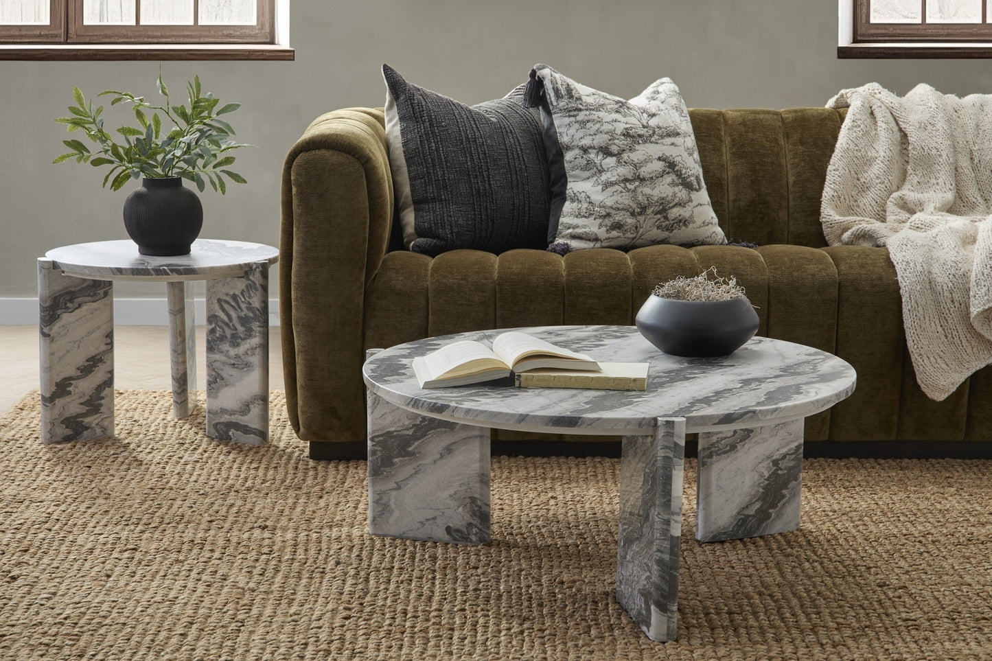 Zora Marble Round Coffee Table - Charcoal Gray
