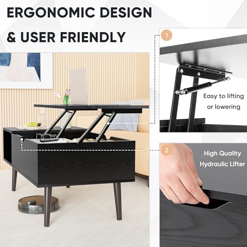 Sweetcrispy Lift Top Coffee Tables for Living Room, Small Rising Wooden Dining Center Tables with Storage Shelf and Hidden Compartment, Classic Black