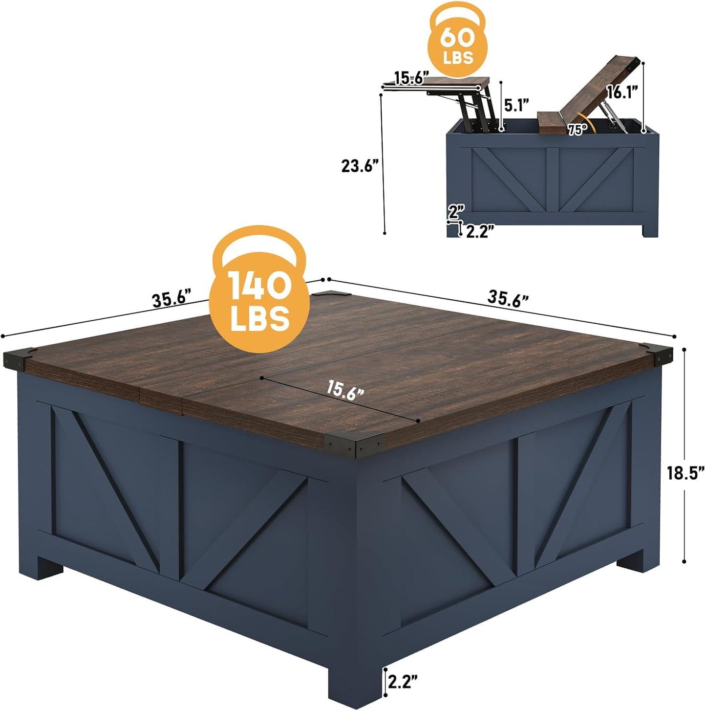 Farmhouse Lift Top Coffee Table with Storage, Wood Square Center Table with Charging Station&USB Port, Living Room Table w/Large Hidden Space, for Living Room, Bedroom, Home Office, Blue