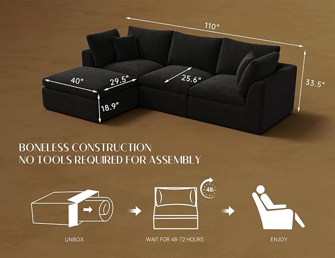 110" Cloud Sectional Couches for Living Room, Boneless L-Shape Couch with Ottoman, 3 Seater Modular Sectional Sofa, Black