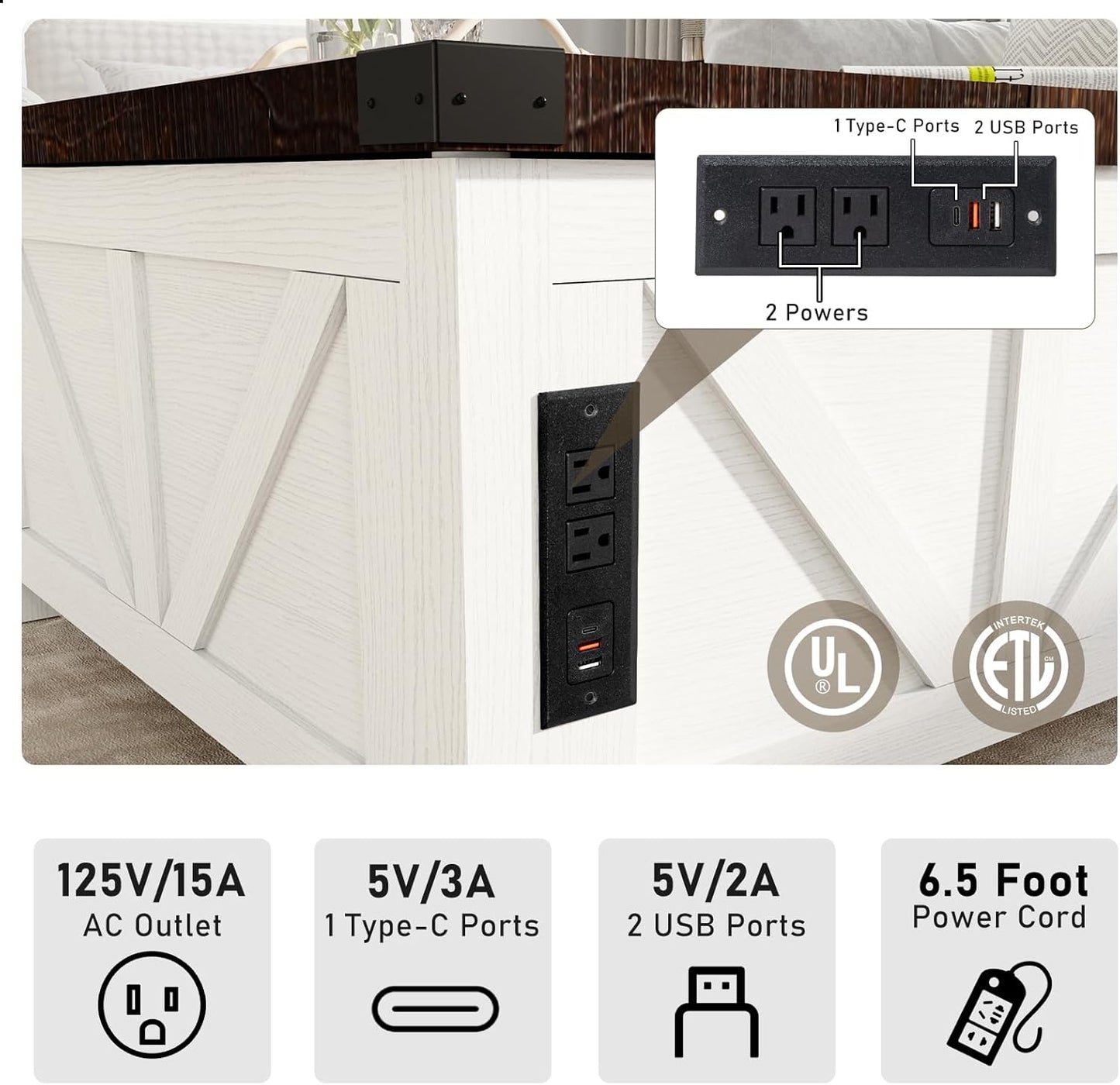 Farmhouse Lift Top Coffee Table with Storage, Wood Square Center Table with Charging Station&USB Port, Living Room Table w/Large Hidden Space, for Living Room, Bedroom, Home Office, White