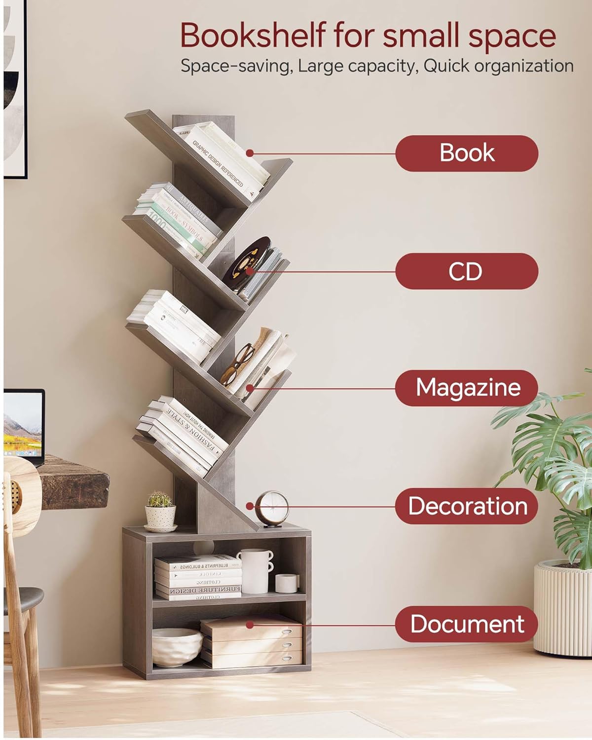 SUNMORY 6 Tier Tree Bookshelf, Tall Bookcase with Storage Cabinet, Modern Narrow Bookshelves Organizer, Floor Standing Book Shelf for Bedroom/Living Room/Home Office/Corner, Grey
