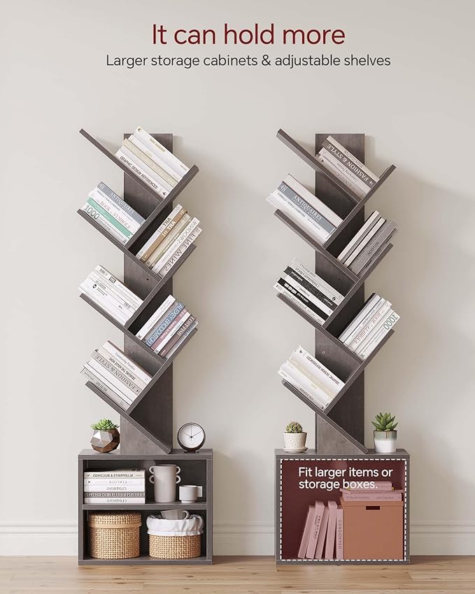 SUNMORY 6 Tier Tree Bookshelf, Tall Bookcase with Storage Cabinet, Modern Narrow Bookshelves Organizer, Floor Standing Book Shelf for Bedroom/Living Room/Home Office/Corner, Grey
