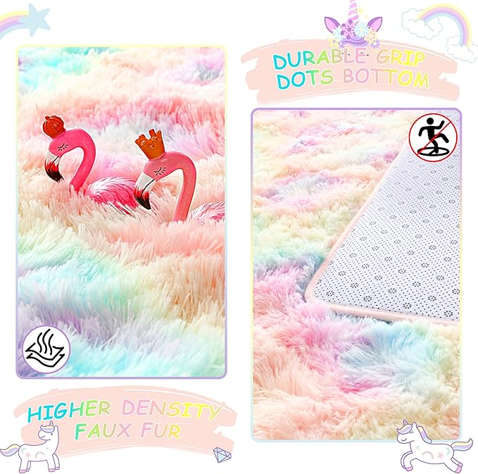 Noahas 3x5 Fluffy Pink Kids Rugs for Room,Rainbow Rug for Girls Bedroom,Soft Playroom Shag Nursery Carpets Room Decor
