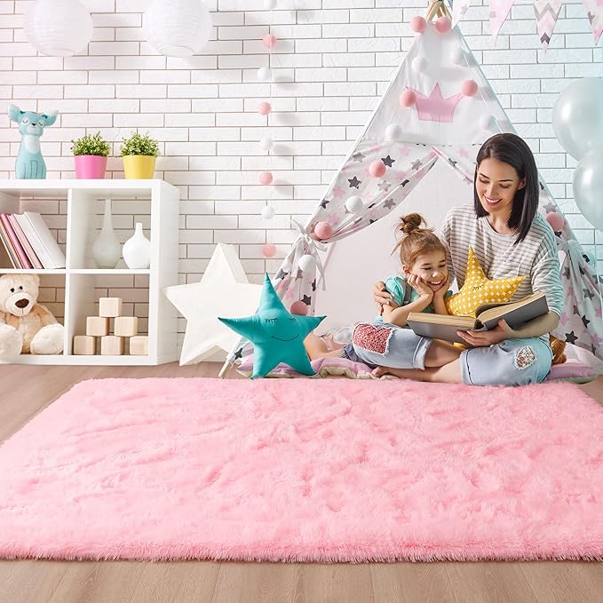 Noahas Fluffy 4x5.3 Pink Rugs for Bedroom Girls,Shaggy Kids Rug,Thick Shag Throw Floor Carpet,Soft Non-Slip Dorm Nursery Area Rugs for Living Room Home Decor Aesthetic