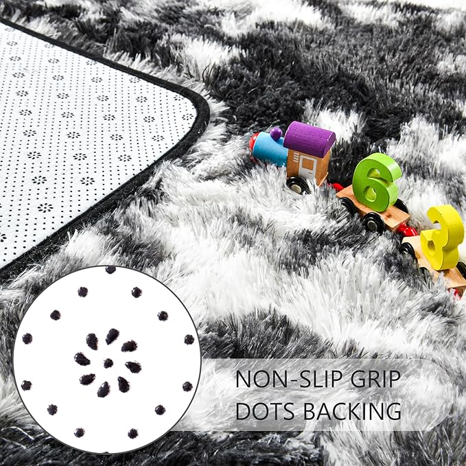 Noahas Fluffy 4x6 Area Rugs for Bedroom Living Room,Tie-Dyed Black and White Thick Shag Throw Floor Carpet,Soft Shaggy Bedside Non-Slip Plush Dorm Nursery Kids Rug