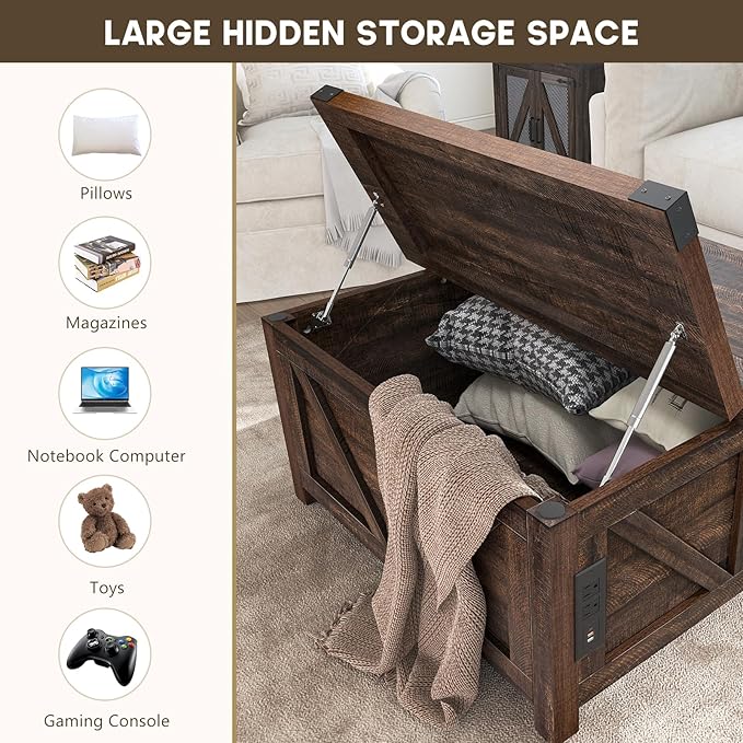 Farmhouse Lift Top Coffee Table with Storage, Wood Square Center Table with Charging Station&USB Port, Living Room Table w/Large Hidden Space, for Living Room, Bedroom, Home Office, Brown