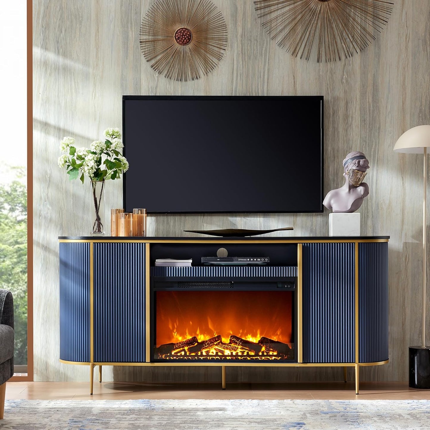 OKD Luxury 70" Fluted Fireplace TV Stand, Modern Chic Entertainment Center for TVs Up to 80 inches, TV Console with Faux Marble Top, Curved Profile Design, Media Console for Living Room, Navy Blue