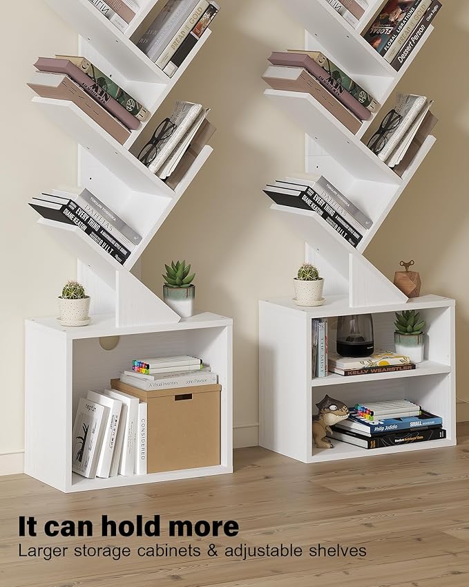 SUNMORY 6 Tier Tree Bookshelf, Tall Bookcase with Storage Cabinet, Modern Narrow Bookshelves Organizer, Floor Standing Book Shelf for Bedroom/Living Room/Home Office/Corner, White