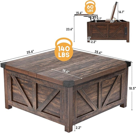 Farmhouse Lift Top Coffee Table with Storage, Wood Square Center Table with Charging Station&USB Port, Living Room Table w/Large Hidden Space, for Living Room, Bedroom, Home Office, Brown