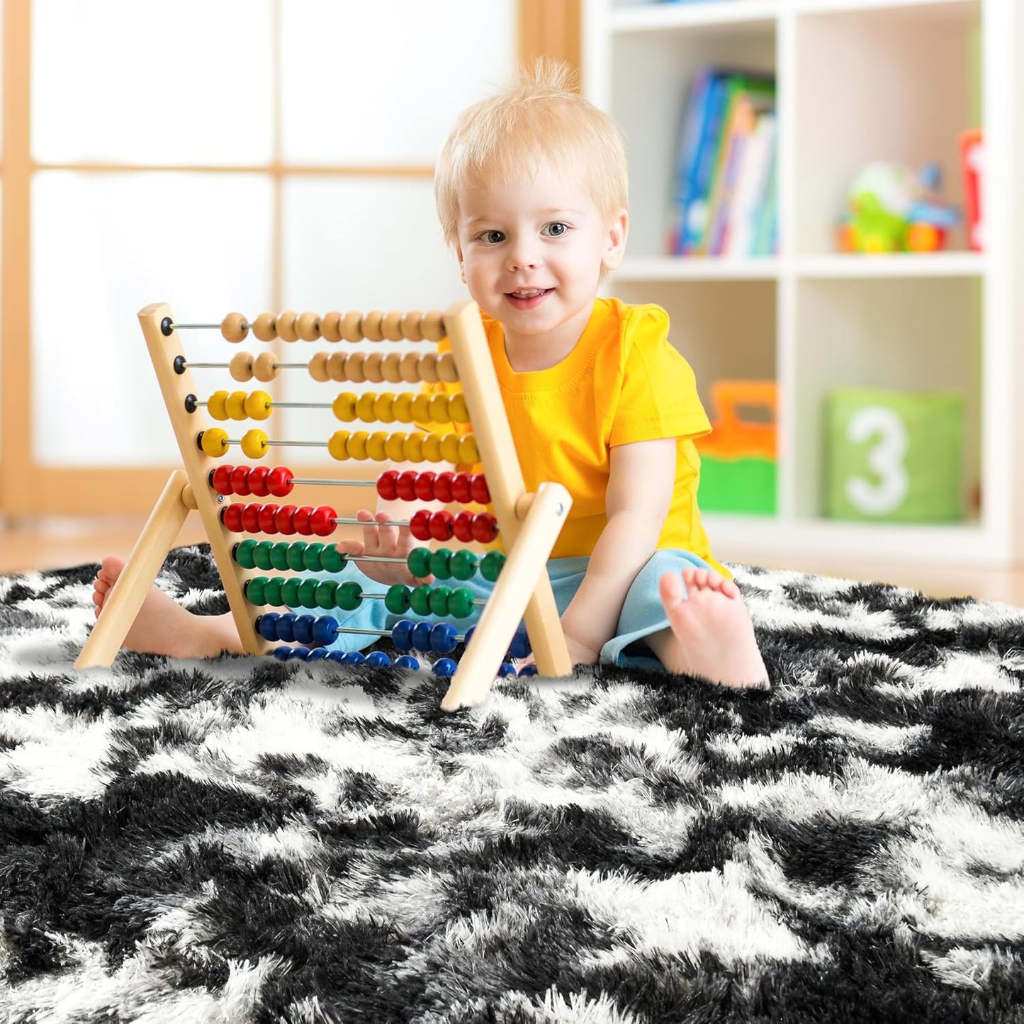 Noahas Fluffy 4x6 Area Rugs for Bedroom Living Room,Tie-Dyed Black and White Thick Shag Throw Floor Carpet,Soft Shaggy Bedside Non-Slip Plush Dorm Nursery Kids Rug