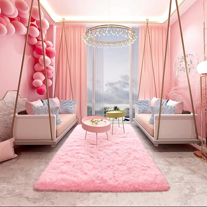 Noahas Fluffy 4x5.3 Pink Rugs for Bedroom Girls,Shaggy Kids Rug,Thick Shag Throw Floor Carpet,Soft Non-Slip Dorm Nursery Area Rugs for Living Room Home Decor Aesthetic