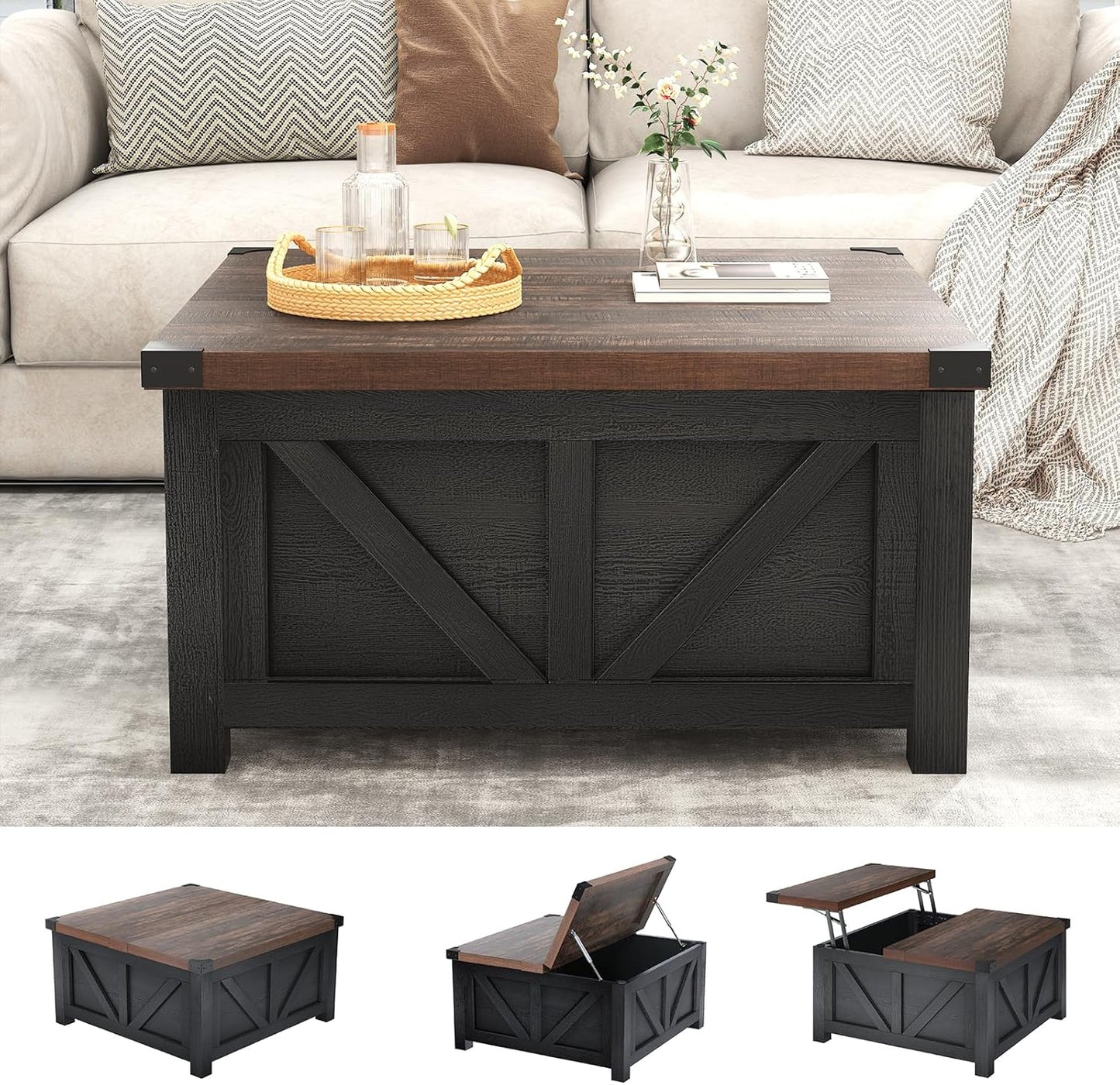Farmhouse Lift Top Coffee Table with Storage, Wood Square Center Table with Charging Station&USB Port, Living Room Table w/Large Hidden Space, for Living Room, Bedroom, Home Office, Black