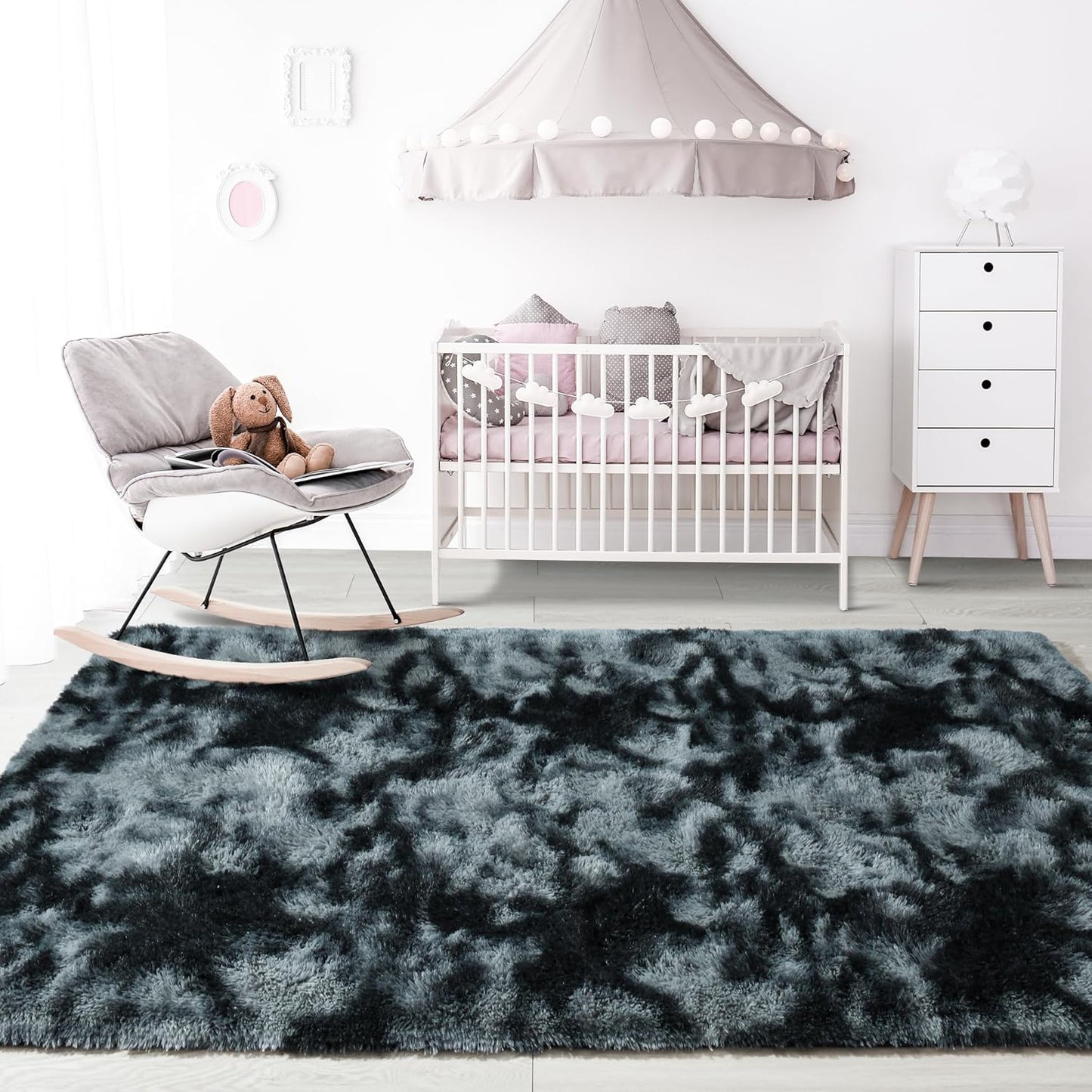 Noahas Fluffy 4x6 Area Rugs for Bedroom Living Room,Tie-Dyed Black and Grey Thick Shag Throw Floor Carpet,Soft Shaggy Bedside Non-Slip Plush Dorm Nursery Kids Rug