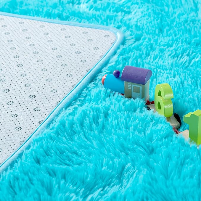 Noahas Fluffy Teal Blue Area Rugs for Bedroom Living Room,4x5.3 Feet Thick Shag Throw Floor Carpet,Soft Shaggy Non-Slip Plush Dorm Nursery Kids Rug Home Decor Aesthetic