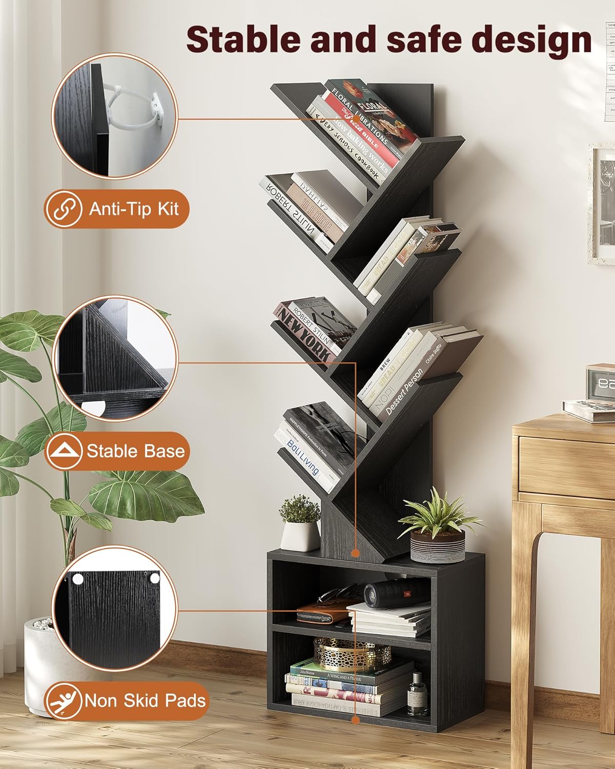 SUNMORY 6 Tier Tree Bookshelf, Small Bookcase with Storage Cabinet, Modern Narrow Bookshelves Organizer, Floor Standing Book Shelf for Bedroom/Living Room/Home Office/Corner, Black