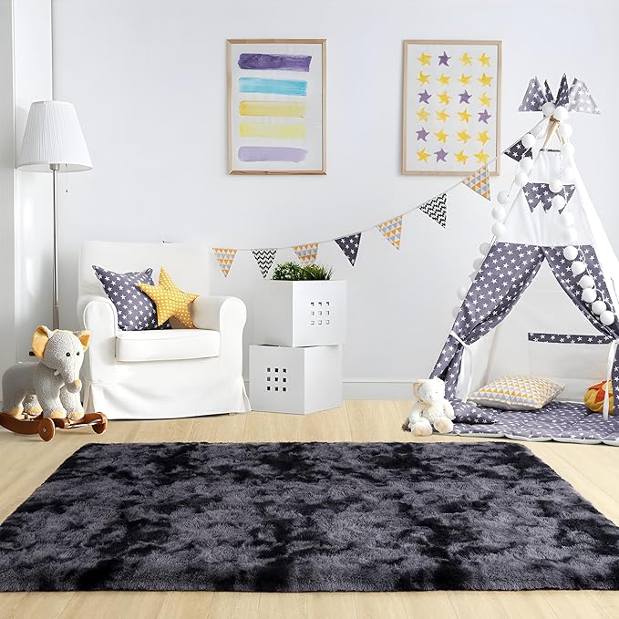 Noahas 8x10 Area Rugs for Living Room,Tie-Dyed Black and Dark Grey Area Rug,Big Shaggy Rugs for Bedroom,Fluffy Large Carpet,Soft Kids Rug Non Slip Reduce Noise Room Decor