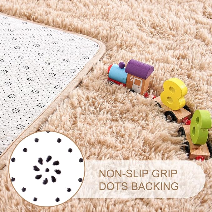 Noahas Fluffy Beige Area Rugs for Bedroom Living Room,4x5.3 Feet Thick Shag Throw Floor Carpet,Soft Shaggy Non-Slip Plush Dorm Nursery Kids Rug Home Decor Aesthetic