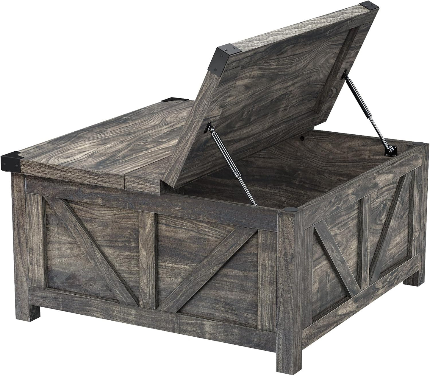 Farmhouse Lift Top Coffee Table with Storage, Wood Square Center Table with Charging Station&USB Port, Living Room Table w/Large Hidden Space, for Living Room, Bedroom, Home Office, Dark Grey