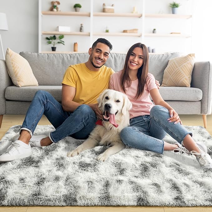 Noahas Large Fluffy 8x10 Area Rugs for Living Room Bedroom,Tie-Dyed Grey and White Thick Shag Throw Rug,Big Soft Shaggy Bedside Non-Slip Plush Dorm Nursery Kids Carpet