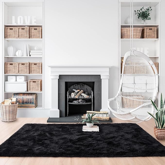 Noahas Fluffy Black Area Rugs for Bedroom Living Room,4x5.3 Feet Thick Shag Throw Floor Carpet,Soft Shaggy Non-Slip Plush Dorm Nursery Kids Rug Home Decor Aesthetic