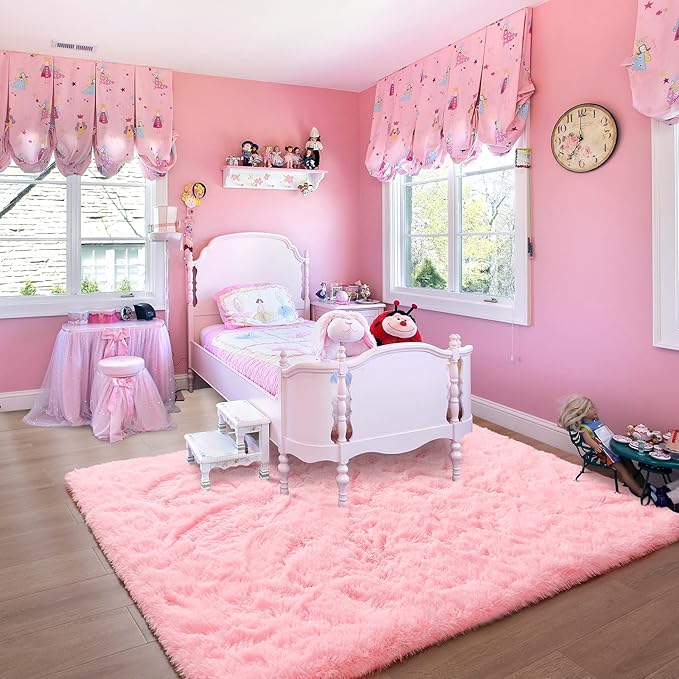 Noahas Fluffy 4x5.3 Pink Rugs for Bedroom Girls,Shaggy Kids Rug,Thick Shag Throw Floor Carpet,Soft Non-Slip Dorm Nursery Area Rugs for Living Room Home Decor Aesthetic
