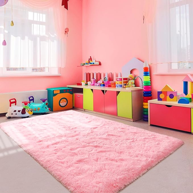 Noahas Fluffy 4x5.3 Pink Rugs for Bedroom Girls,Shaggy Kids Rug,Thick Shag Throw Floor Carpet,Soft Non-Slip Dorm Nursery Area Rugs for Living Room Home Decor Aesthetic