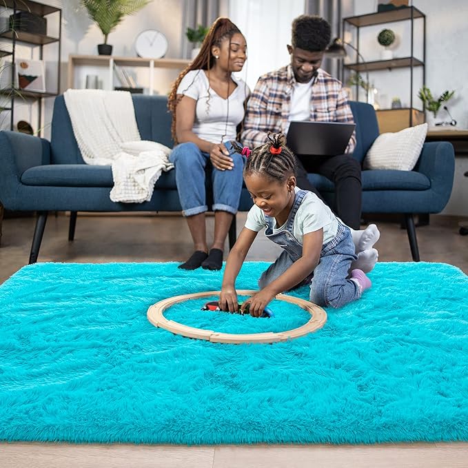 Noahas Fluffy Teal Blue Area Rugs for Bedroom Living Room,4x5.3 Feet Thick Shag Throw Floor Carpet,Soft Shaggy Non-Slip Plush Dorm Nursery Kids Rug Home Decor Aesthetic