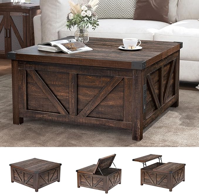 Farmhouse Lift Top Coffee Table with Storage, Wood Square Center Table with Charging Station&USB Port, Living Room Table w/Large Hidden Space, for Living Room, Bedroom, Home Office, Brown