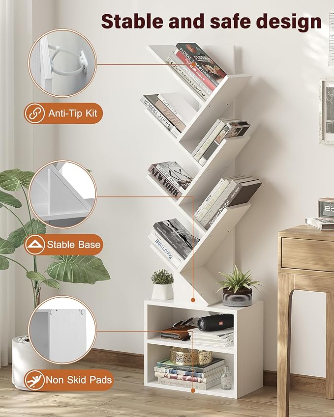 SUNMORY 6 Tier Tree Bookshelf, Tall Bookcase with Storage Cabinet, Modern Narrow Bookshelves Organizer, Floor Standing Book Shelf for Bedroom/Living Room/Home Office/Corner, White