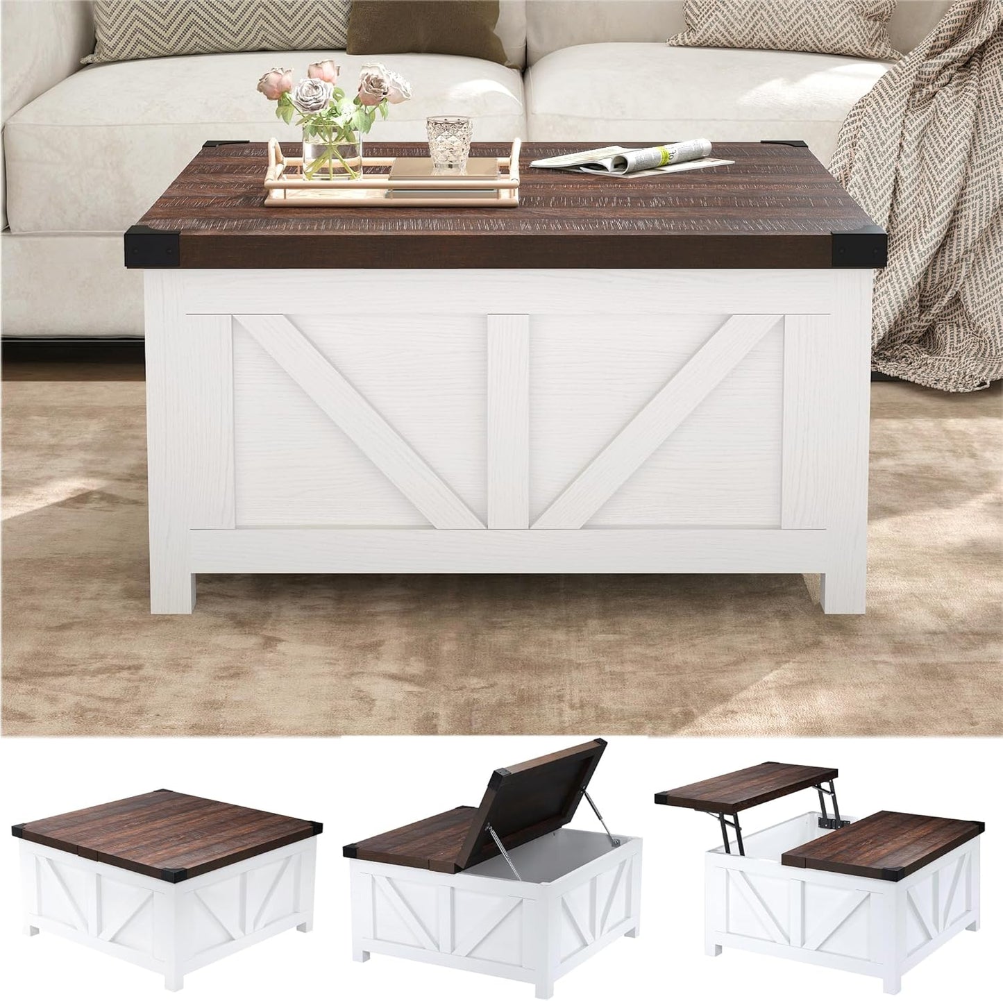 Farmhouse Lift Top Coffee Table with Storage, Wood Square Center Table with Charging Station&USB Port, Living Room Table w/Large Hidden Space, for Living Room, Bedroom, Home Office, White