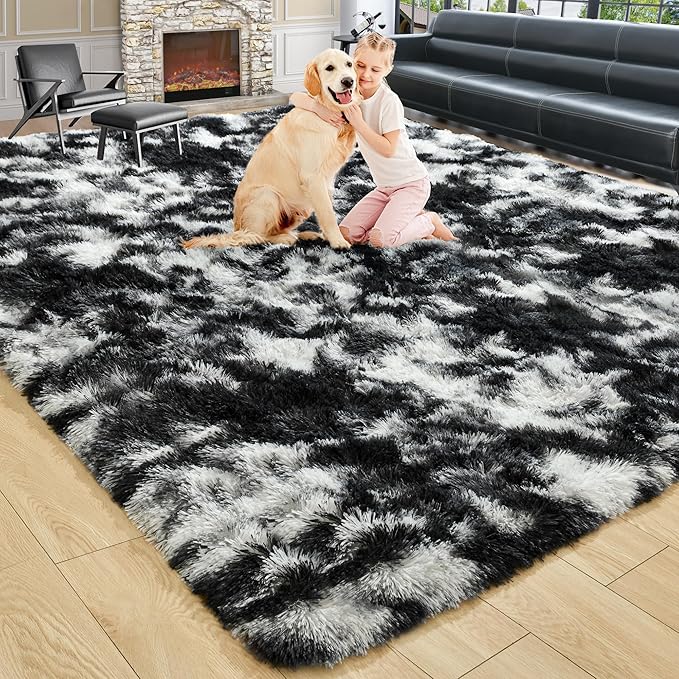 Noahas Fluffy 4x6 Area Rugs for Bedroom Living Room,Tie-Dyed Black and White Thick Shag Throw Floor Carpet,Soft Shaggy Bedside Non-Slip Plush Dorm Nursery Kids Rug