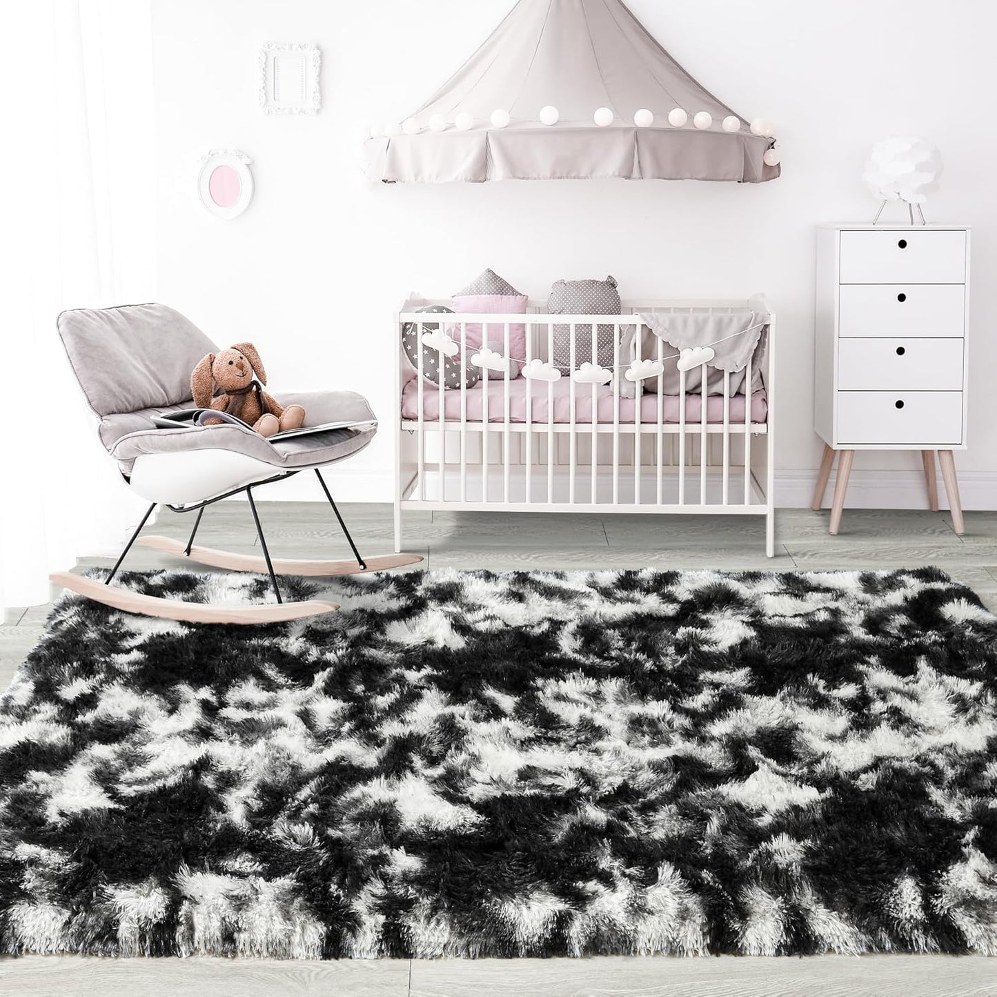 Noahas Fluffy 4x6 Area Rugs for Bedroom Living Room,Tie-Dyed Black and White Thick Shag Throw Floor Carpet,Soft Shaggy Bedside Non-Slip Plush Dorm Nursery Kids Rug