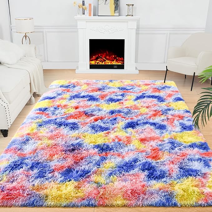 Noahas 5x8 Area Rugs for Living Room,Tie-Dyed Blue and Yellow Area Rug,Big Shaggy Rugs for Bedroom,Fluffy Large Carpet,Soft Kids Rug Non Slip Reduce Noise Room Decor