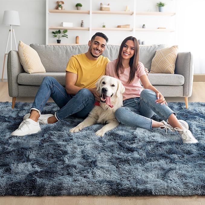 Noahas Fluffy 4x6 Area Rugs for Bedroom Living Room,Tie-Dyed Blue and Grey Thick Shag Throw Floor Carpet,Soft Shaggy Bedside Non-Slip Plush Dorm Nursery Kids Rug