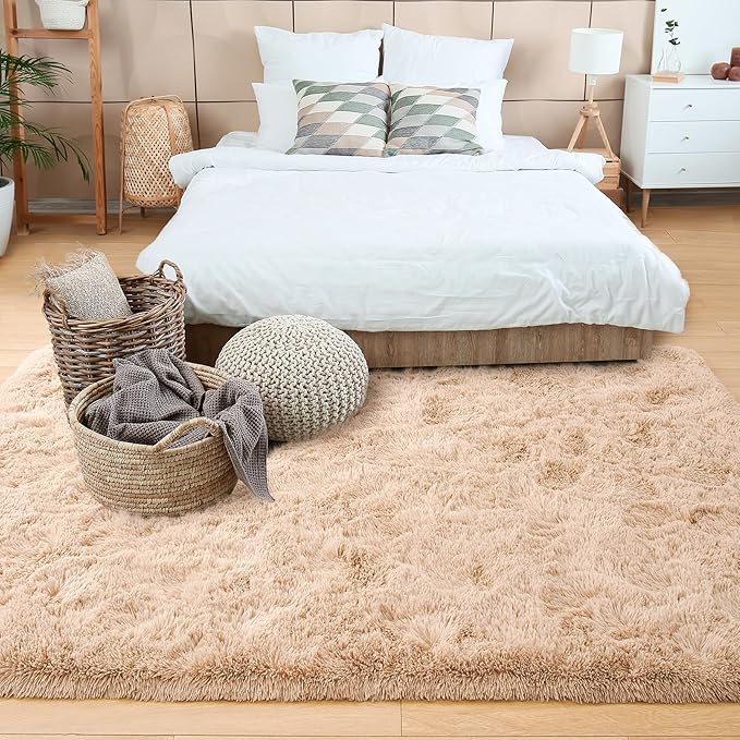 Noahas Fluffy Beige Area Rugs for Bedroom Living Room,4x5.3 Feet Thick Shag Throw Floor Carpet,Soft Shaggy Non-Slip Plush Dorm Nursery Kids Rug Home Decor Aesthetic