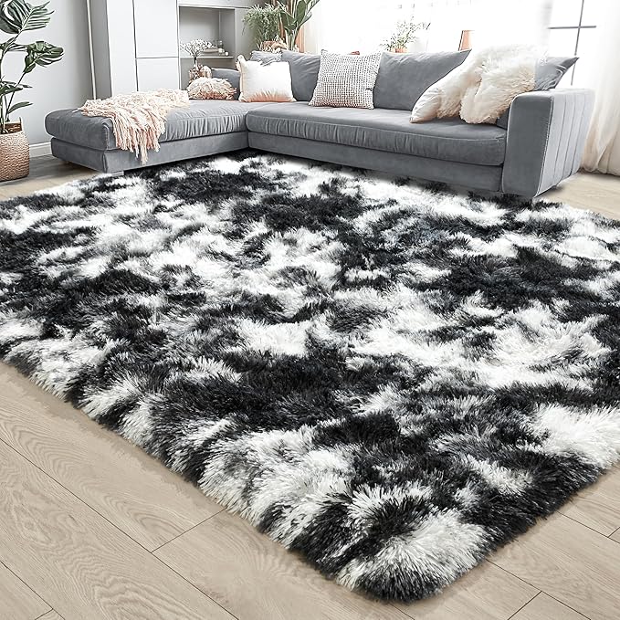 Noahas Fluffy 4x6 Area Rugs for Bedroom Living Room,Tie-Dyed Black and White Thick Shag Throw Floor Carpet,Soft Shaggy Bedside Non-Slip Plush Dorm Nursery Kids Rug
