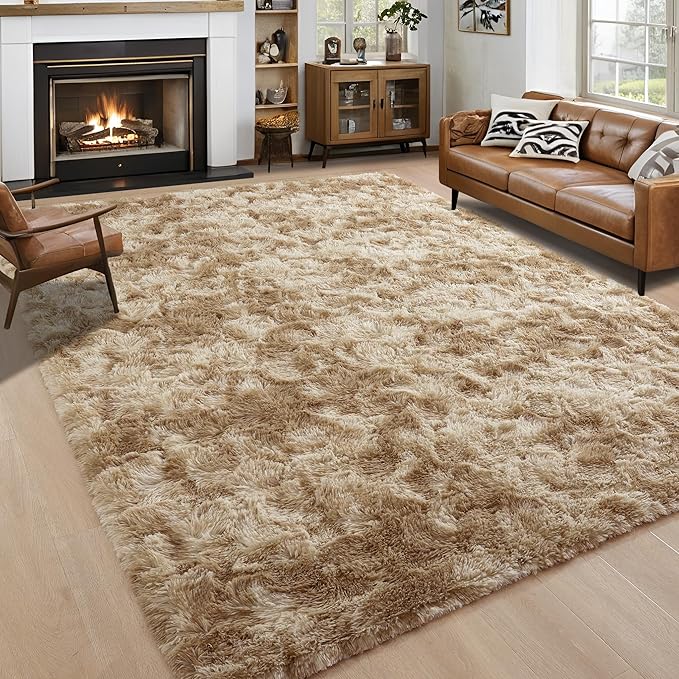 Noahas Fluffy 4x6 Area Rugs for Bedroom Living Room,Tie-Dyed Beige Thick Shag Throw Floor Carpet,Soft Shaggy Bedside Non-Slip Plush Dorm Nursery Kids Rug