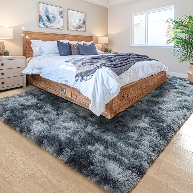 Noahas Fluffy 4x6 Area Rugs for Bedroom Living Room,Tie-Dyed Blue and Grey Thick Shag Throw Floor Carpet,Soft Shaggy Bedside Non-Slip Plush Dorm Nursery Kids Rug