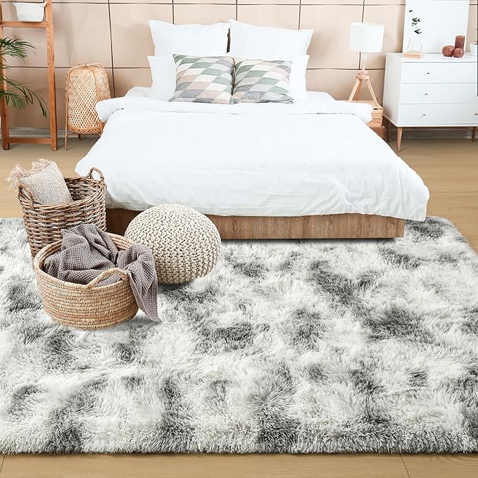 Noahas Large Fluffy 8x10 Area Rugs for Living Room Bedroom,Tie-Dyed Grey and White Thick Shag Throw Rug,Big Soft Shaggy Bedside Non-Slip Plush Dorm Nursery Kids Carpet