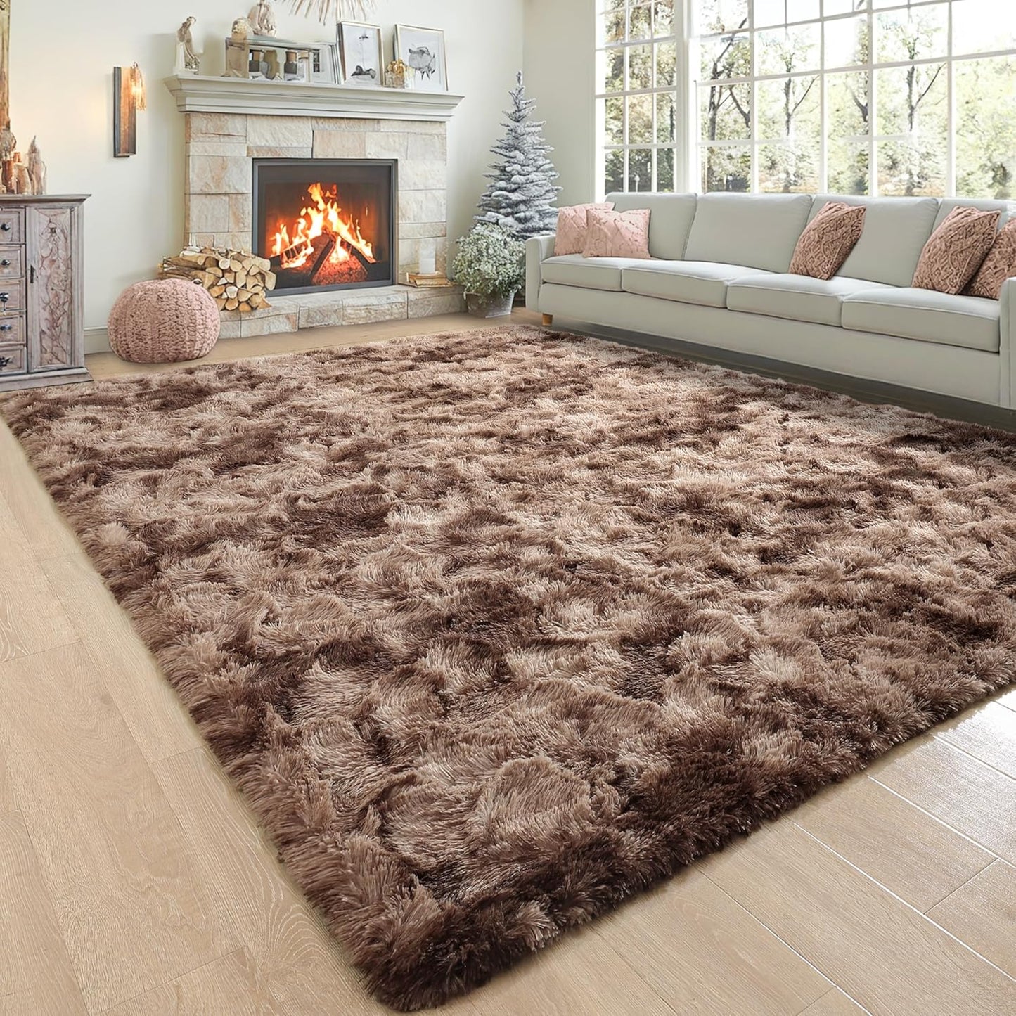 Noahas Large Fluffy 8x10 Area Rugs for Living Room Bedroom,Tie-Dyed Brown Thick Shag Throw Rug,Big Soft Shaggy Bedside Non-Slip Plush Dorm Nursery Kids Carpet