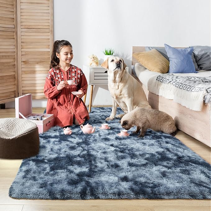 Noahas 5x8 Area Rugs for Living Room,Tie-Dyed Blue and Grey Area Rug,Big Shaggy Rugs for Bedroom,Fluffy Large Carpet,Soft Kids Rug Non Slip Reduce Noise Room Decor
