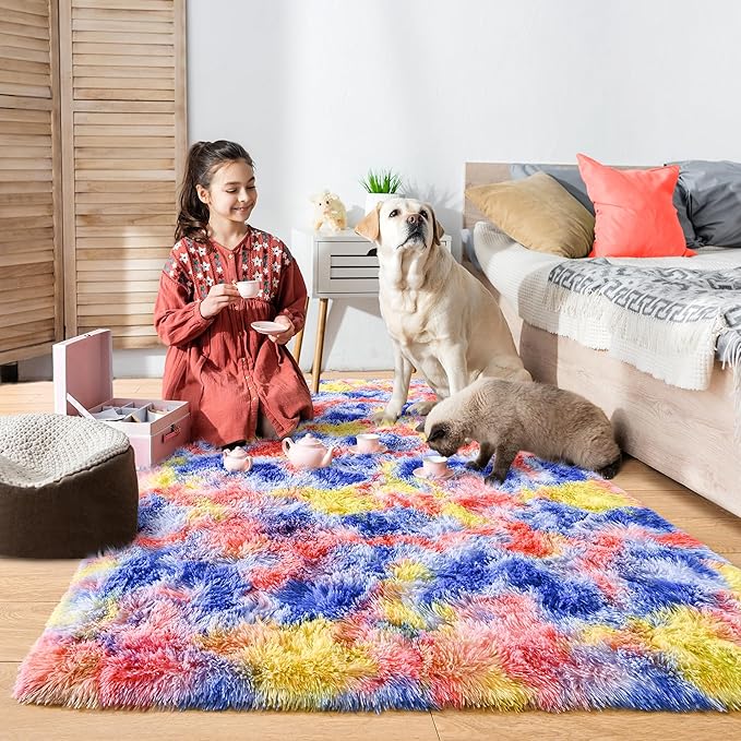 Noahas 5x8 Area Rugs for Living Room,Tie-Dyed Blue and Yellow Area Rug,Big Shaggy Rugs for Bedroom,Fluffy Large Carpet,Soft Kids Rug Non Slip Reduce Noise Room Decor