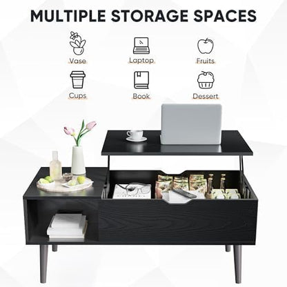 Sweetcrispy Lift Top Coffee Tables for Living Room, Small Rising Wooden Dining Center Tables with Storage Shelf and Hidden Compartment, Classic Black