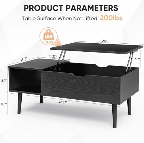 Sweetcrispy Lift Top Coffee Tables for Living Room, Small Rising Wooden Dining Center Tables with Storage Shelf and Hidden Compartment, Classic Black