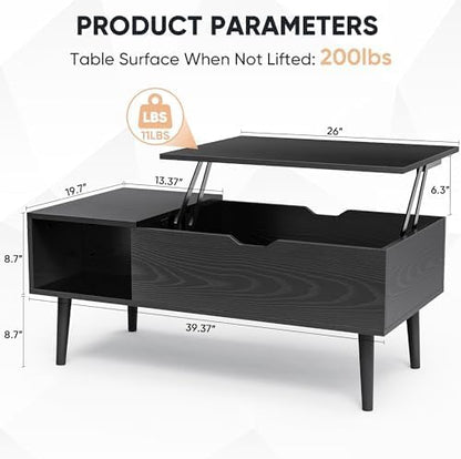 Sweetcrispy Lift Top Coffee Tables for Living Room, Small Rising Wooden Dining Center Tables with Storage Shelf and Hidden Compartment, Classic Black