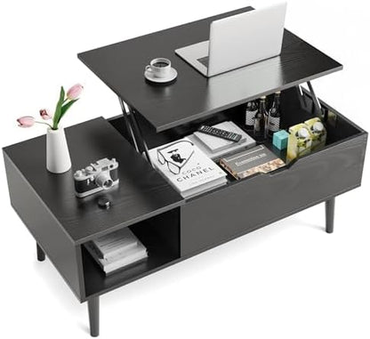 Sweetcrispy Lift Top Coffee Tables for Living Room, Small Rising Wooden Dining Center Tables with Storage Shelf and Hidden Compartment, Classic Black